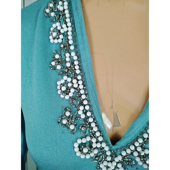 Vintage 1970s Union Made Maxi Dress, Beaded Neckline, Size Small - Picture 2 of 5